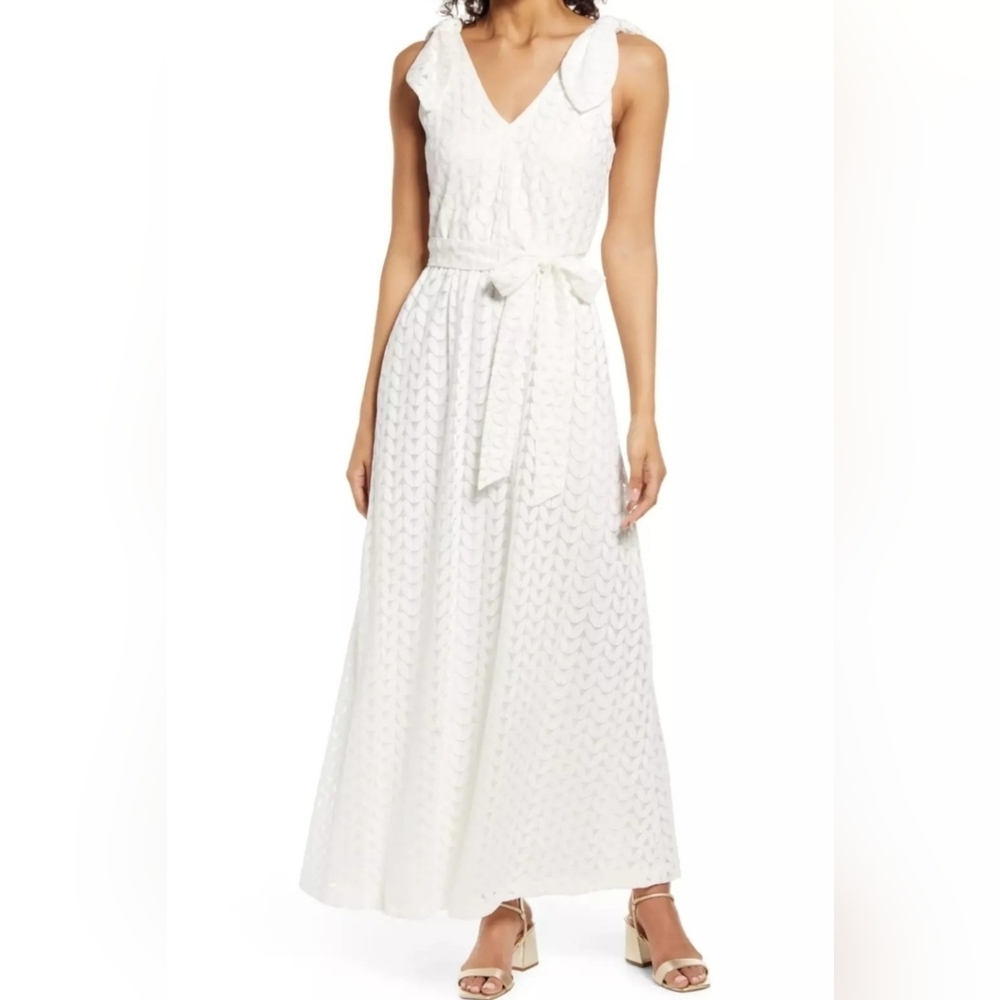 Donna Ricco Ivory Bow Shoulder Belted Lace Maxi Dress Size 2 Bridal Shower